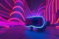 VR Headset Against Abstract Neon Swirls. Virtual reality glasses set against a backdrop of swirling neon lines