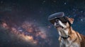 With a VR headset on, a dog gazes into the cosmos, as if pondering the mysteries of the universe