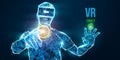 VR headset holographic low poly wireframe vector banner. Polygonal man wearing virtual reality glasses. VR games playing