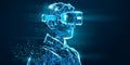 VR headset holographic low poly wireframe vector. Polygonal man wearing virtual reality glasses helmet. VR games playing