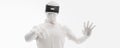 VR headset, technology. 3d render of the man, wearing virtual reality glasses on white background. VR games