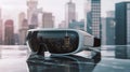 VR Headset with Urban City Reflection. Virtual reality headset with reflective cityscape at dusk
