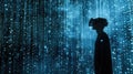 VR headset user interacts with a 3D big data visualization, exploring complex data sets. Big data visualization