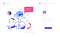 VR landing page. Boy in virtual reality glasses plays digital games with joystick. Website template. Entertaining web