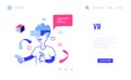 VR landing page. Boy in virtual reality glasses plays digital games with joystick. Website template. Entertaining web service. UI