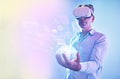 VR, man and global media, networking and metaverse data, world digital transformation or futuristic cyber software