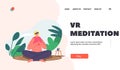 VR Meditation Landing Page Template. Female Character Engrossed In Virtual Reality Performs Yoga In Serene Environment