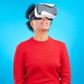 VR, metaverse and digital glasses with woman watching a video with augmented reality. Studio, female person and blue