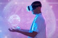 Vr, metaverse and man with globe hologram for networking, connection and digital transformation. Neon world, futuristic