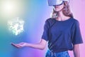 VR, metaverse or woman with hologram in hand for futuristic gaming, virtual reality or digital tech headset for 3d, ai