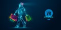 VR online shopping. Polygonal woman, girl wearing virtual reality glasses. Woman is walking with a shopping bags