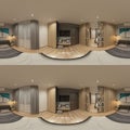 VR panorama of a bedroom interior with a modern design, gray walls and a warm shade of wood. Wooden slats on the wall Royalty Free Stock Photo