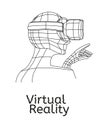 Vr poster. Man in virtual reality headset. Linear objects and elements