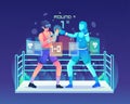 VR Sports concept illustration with a man wearing a VR headset playing boxing sports simulator with a virtual opponent