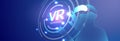 VR Technology concept showing a futuristic user with VR headset interacting with a virtual interface, glowing digital elements on Royalty Free Stock Photo