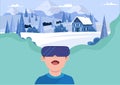 VR technology stereoscopic vector boy with VR headset traveling in the snowy land Virtual concepts for education and games