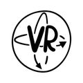 VR vector icon. 360 degree rotation, virtual reality sign. Symbol of gaming gadget, smart glasses. Hand drawn doodle