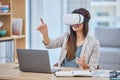 Vr, virtual reality and business woman in metaverse with digital technology in office. 3d, ai and happy female