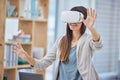 Vr, virtual reality and business woman in office exploring metaverse with digital technology. 3d, ai and happy female