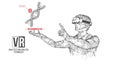 VR wireframe headset vector banner. Polygonal man wearing virtual reality glasses, with holographic of dna code. Science