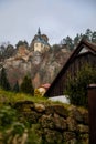 Vranov castle gothic ruins with Pantheon on the steep sandstone rock cliff near village Mala Skala, Viewpoint above Jizera valley Royalty Free Stock Photo