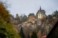 Vranov castle gothic ruins with Pantheon on the steep sandstone rock cliff near village Mala Skala, Viewpoint above Jizera valley Royalty Free Stock Photo