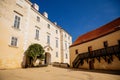 Vranov nad dyji, Southern Moravia, Czech Republic, 03 July 2021: entrance to baroque and gothic medieval castle on hill on river