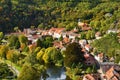 Vranov nad Dyji Vranov above Thaya Beautiful autumn landscape with river, castle, blue sky with clouds and sun. Czech Republic. Royalty Free Stock Photo