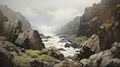 Vray Painting Of Overcast Headland With Sharp Boulders And Rocks