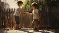 Vray Tracing Painting: Two Boys Shaking Hands With Fence