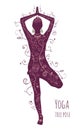 Vrikshasana tree pose yoga, female silhouette. Healthy and beauty lifestyle. Hand drawn floral texture