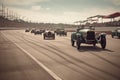 vroom! vintage vehicles on a racetrack, speeding past the finish line