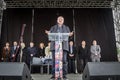 Vojislav Seselj, leader of the Serbian Radial Party SRS talking during one of his meeting, next to one of his associates