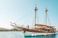 8. 28. 2018. Vrsar Croatia. A beautiful sailing ship for excursions comes to the port of the city of Vrsar Royalty Free Stock Photo