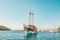 8. 28. 2018. Vrsar Croatia. A beautiful sailing ship for excursions comes to the port of the city of Vrsar Royalty Free Stock Photo