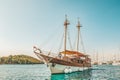 8. 28. 2018. Vrsar Croatia. A beautiful sailing ship for excursions comes to the port of the city of Vrsar Royalty Free Stock Photo