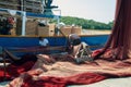 8. 28. 2012. Vrsar, Croatia. Two sailors repair the torn network on the boat. Fishing in the Adriatic sea