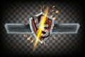 VS game battle vector concept, versus fight eSport duel banner, energy clash, medieval shield, sparkles.