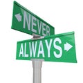 Always Vs Never 2 Two Way Street Road Signs Royalty Free Stock Photo