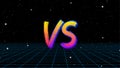 VS sign in 80s game style with synthwave landscape and brush painted letters. Versus symbol for battle or competition