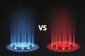 Vs. Versus battle glowing podiums for fighters matching, blue and red circular glow. Mma and boxing challenge