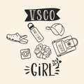 VSCO girls. Illustration of a scrunchies, sea turtles, water bottles, backpack . For posters, cards, banners and t-shirt design.