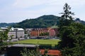 Vsetin, Czech republic - June 02, 2018: Football field between old houses in sunny day