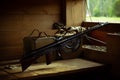 VSETIN, CZECH REPUBLIC/ September 29, 2019: Machine gun near the window in old vintage wagon of a train from