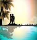 Vtcnor background image of silhouettes of a standing couple in love on the coast under palm trees Royalty Free Stock Photo