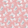 VTrendy hand drawn seamless pattern with white Leopards on pink backdrop.