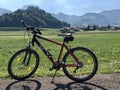 A VTT bicycle and a beautiful landscape chÃÂ¢teau de GruyÃÂ¨res