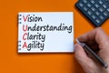 VUCA vision understanding clarity agility symbol. Concept words VUCA vision understanding clarity agility on note. Orange