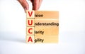 VUCA vision understanding clarity agility symbol. Concept words VUCA vision understanding clarity agility on blocks. White