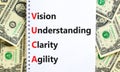 VUCA vision understanding clarity agility symbol. Concept words VUCA vision understanding clarity agility on note. White